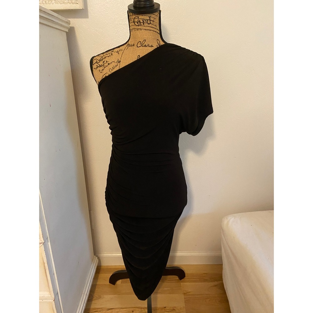 LOVERS + FRIENDS Black One Shoulder Ruched Bodycon Midi‎ Dress XS